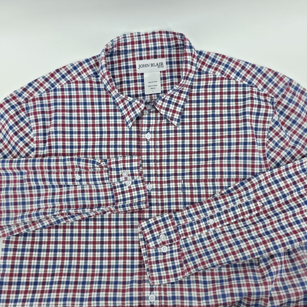 John‎ Blair Plaid Button Down Shirt Men's Size Large Red White Blue Chest Pocket